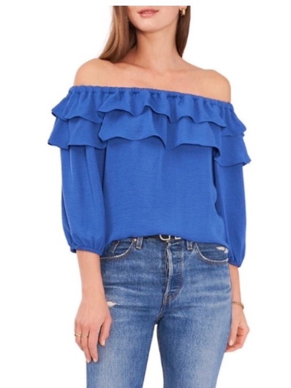 Vince Camuto Off-Shoulder Ruffle dreamy Satin Top - Blue romance
